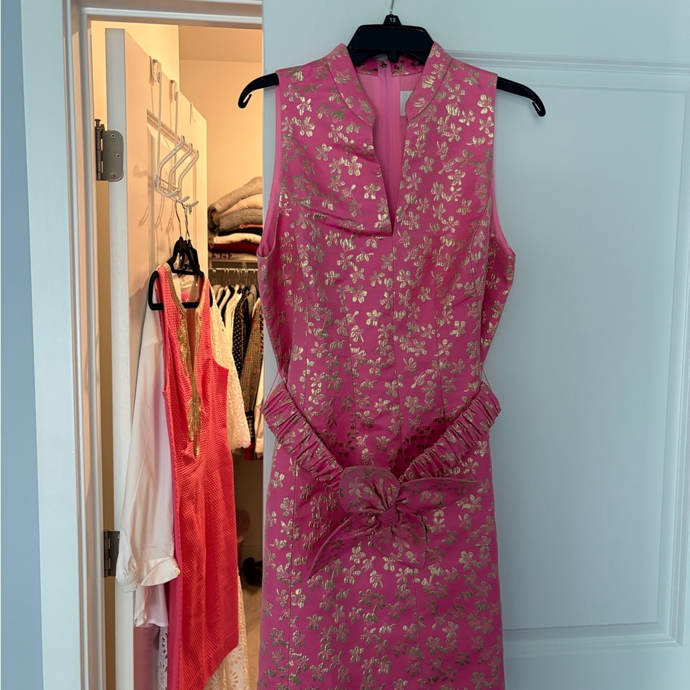 Lilly Pulitzer Sleeveless Pink Floral Jacquard Dress with Bow